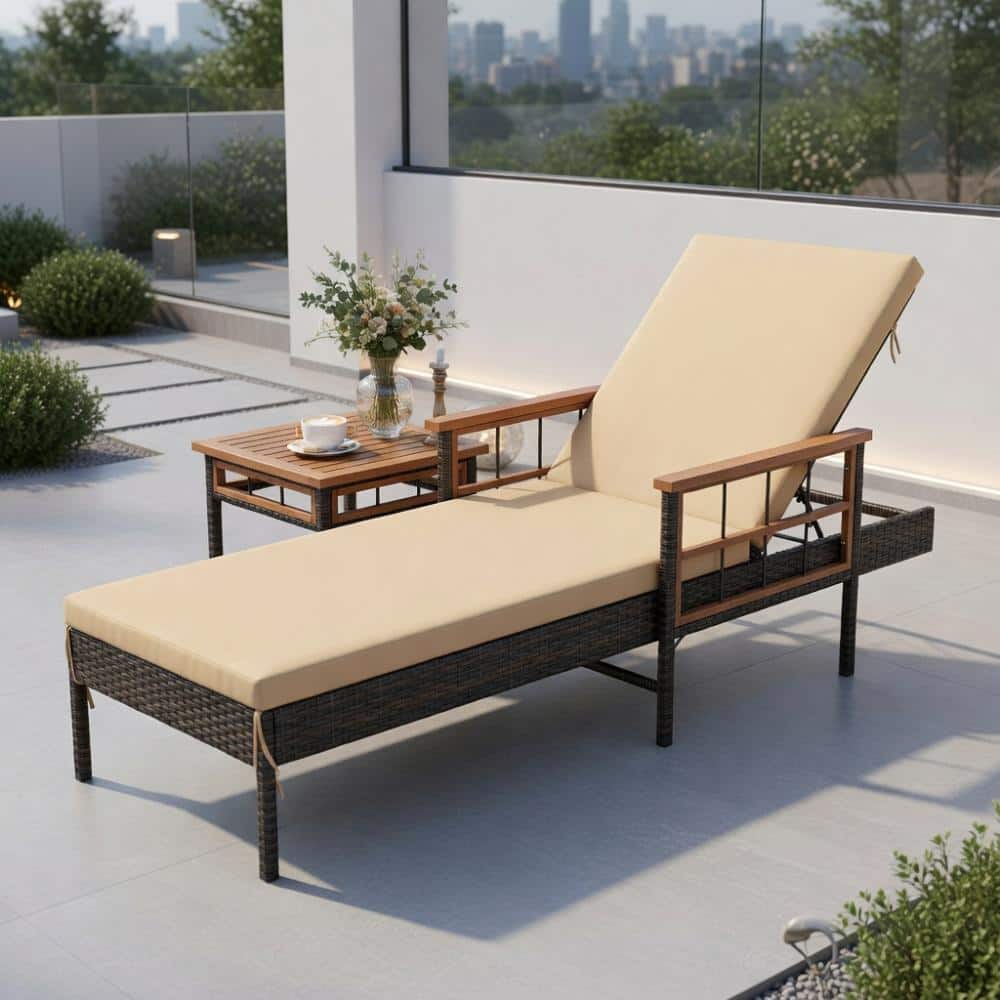 Adjustable PE Wicker Chaise Lounge – Side Table, Beige Cushions, Acacia Frame, 400 LBS Capacity price history on PriceWatchPro