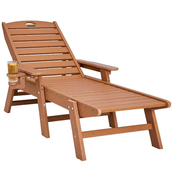 Outdoor Chaise Lounge Chair Adjustable Patio Reclining Bench Lounger Brown, HDPE Lounge Chair with Cup Holder for Pool