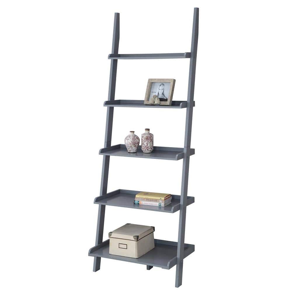 Heritage Gray Solid Wood 5-Tier Ladder Bookshelf