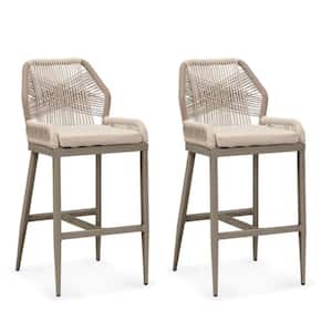 Modern Aluminum Twill Wicker Woven Bar Height Outdoor Bar Stool with Back and Light Gray Cushion (2-Pack)