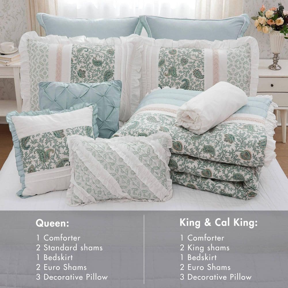 California King Blue Cotton Floral Comforter Set