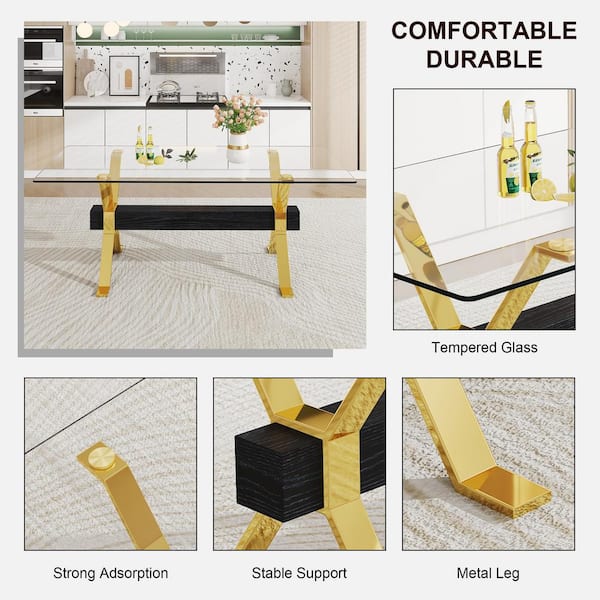 Polibi Modern Rectangle Clear Glass Pedestal Dining Table Seats