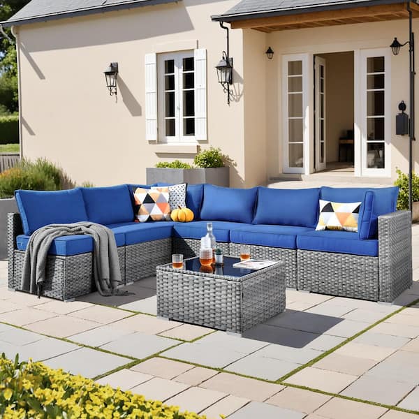 weaxty W Daffodil D Gray 7-Piece Wicker Patio Conversation Sofa Set with Navy Blue Cushions