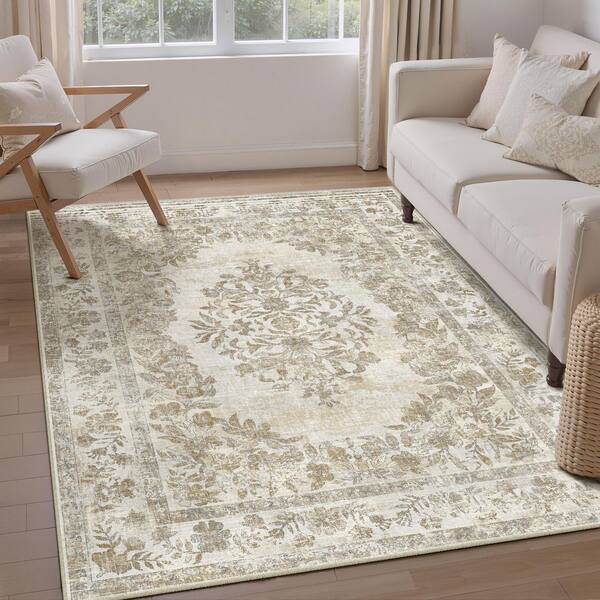 Kamuri Taupe 3 ft. x 5 ft. Vintage Washable Medallion Distressed Area Rug