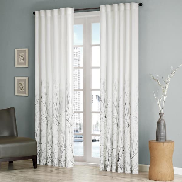 Eliza White Botanical Polyester 50 in. W x 95 in. L Room Darkening Rod Pocket and Back Tabs Curtain with Lining
