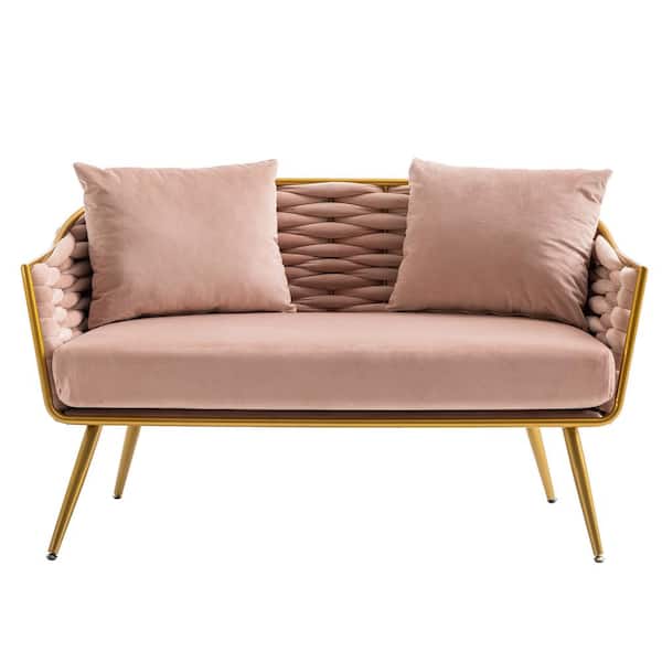 HOMEFUN Modern Upholstered Pink Velvet Tufted Loveseat with Metal Legs