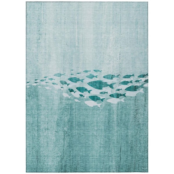 Teal Blue, Aqua, Ivory 10 ft. x 14 ft. Woven Geometric Polyester Rectangle Indoor/Outdoor Area Rug