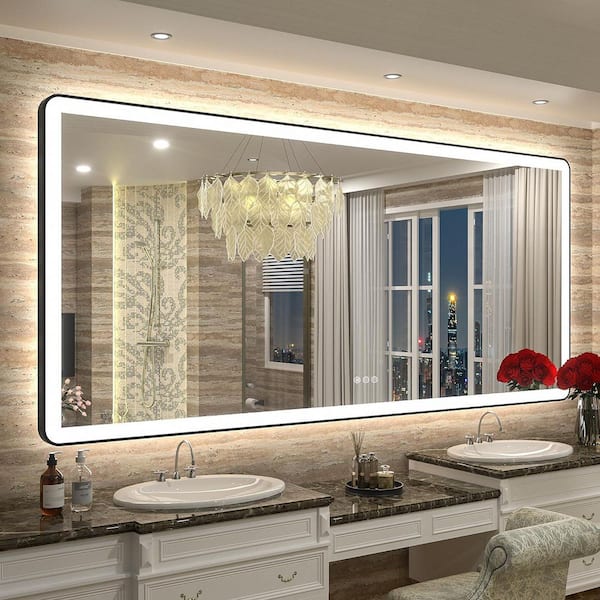 77 in. W x 36 in. H Rectangular Framed Front & Back LED Lighted Anti-Fog Wall Bathroom Vanity Mirror in Tempered Glass