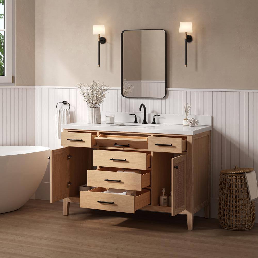 Camila 55" Light Brown Oak Freestanding Bathroom Vanity with White Quartz Top