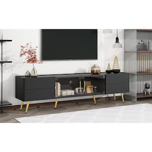 Modern Black TV Stand Fits TV's Up to 80 in. with LED lights, 4 Drawers and 1 Cabinet with Brown Glass Door