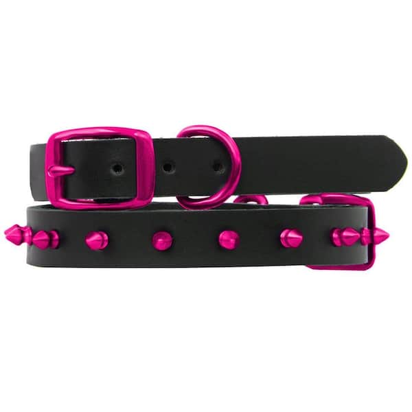 Platinum Pets 14.25 in. Black Genuine Leather Dog Collar in Raspberry Spikes