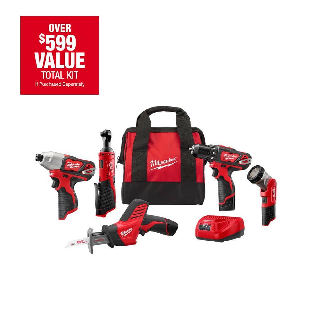 Milwaukee M12 12V Lithium-Ion Cordless Combo Kit (5-Tool) with Two 1.5 Ah  Batteries, Charger and Tool Bag 2498-25H The Home Depot