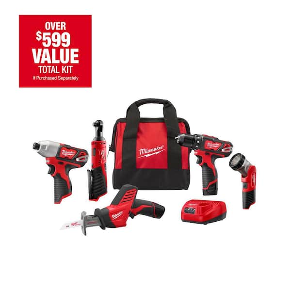 Milwaukee M12 12V Lithium-Ion Cordless Combo Kit (5-Tool) with Two 1.5 Ah Batteries, Charger and Tool Bag