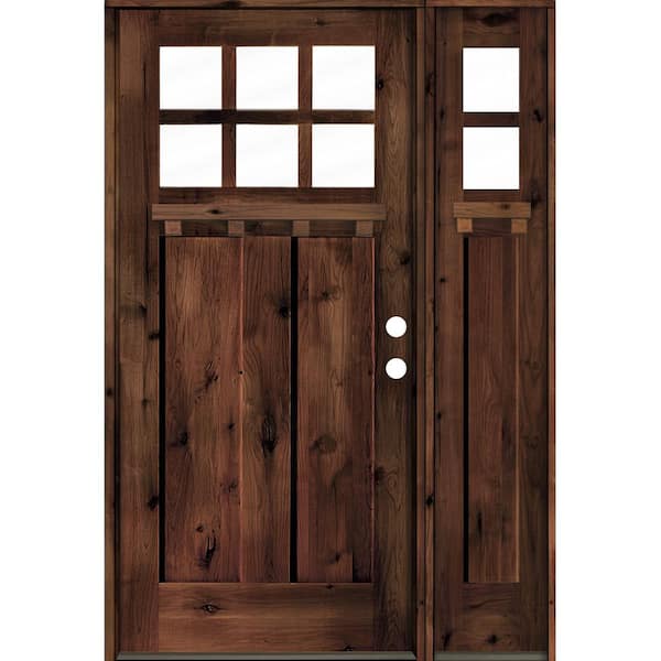 Krosswood Doors 50 in. x 80 in. Craftsman Alder 2 Panel Left Hand 6 Lite Clear Glass DS Red Mahogany Wood Prehung Front Door/Sidelite