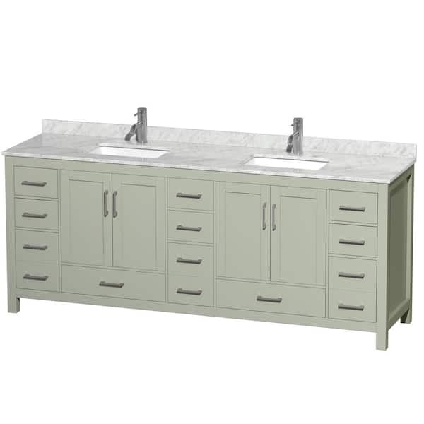 Wyndham Collection Sheffield 84 in. W x 22 in. D x 35 in . H Double Bath Vanity in Light Green with White Carrara Marble Top