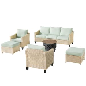 Camelia A Beige 6-Piece Wicker Patio Wood Burning Fire Pit Seating Set with Mint Green Cushions