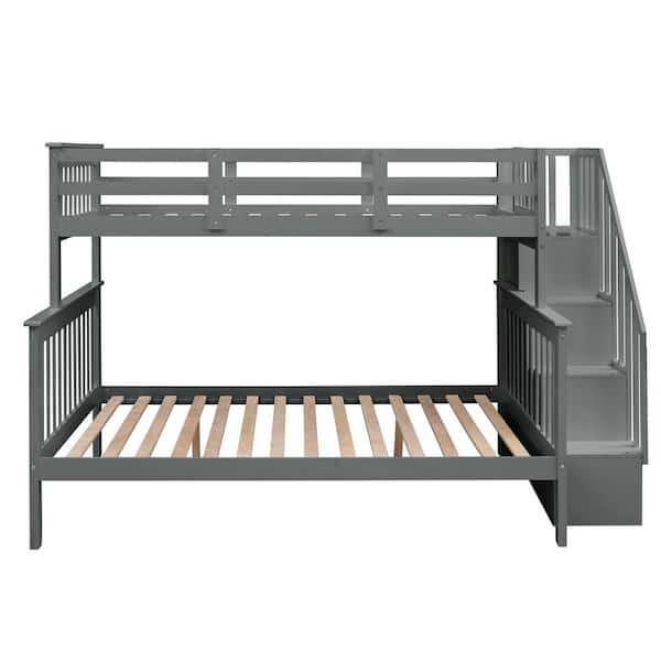 Polibi Gray Color Stairway Twin-Over-Full Bunk Bed with Storage and Guard Rail for Bedroom