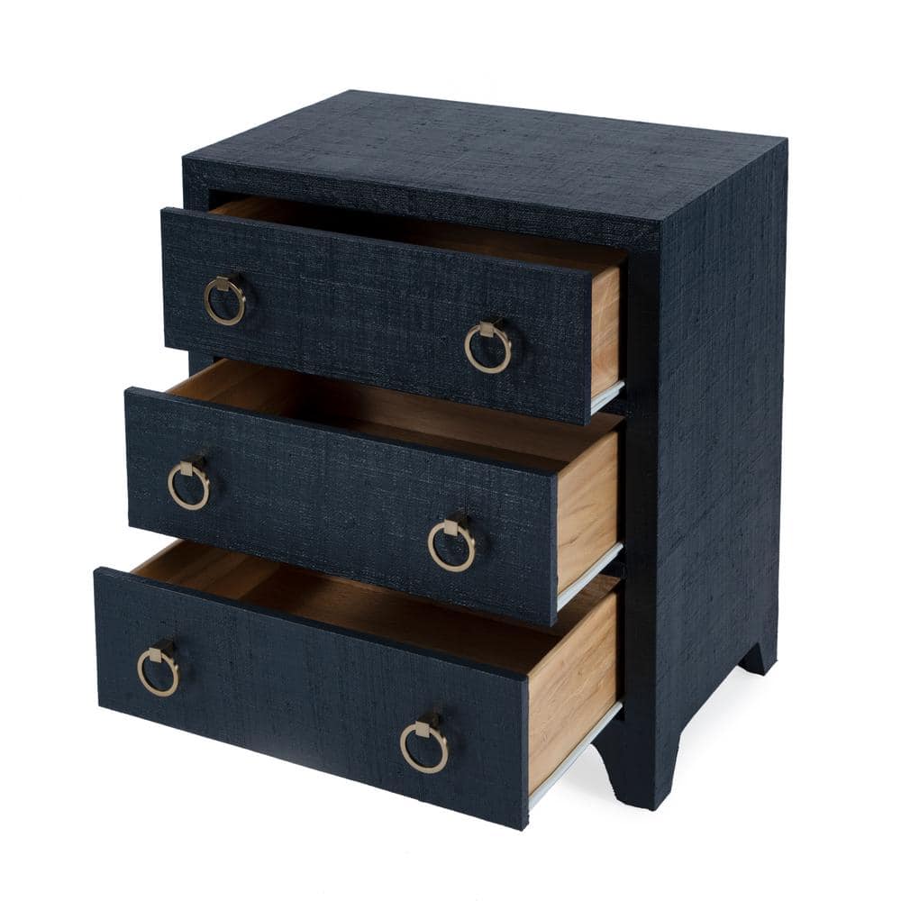 Navy Oak Raffia 3-Drawer Nightstand with Brass Pulls