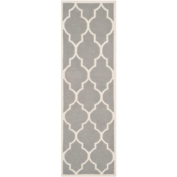 SAFAVIEH Dhurries Gray/Ivory 3 ft. x 8 ft. Trellis Border Geometric Runner Rug