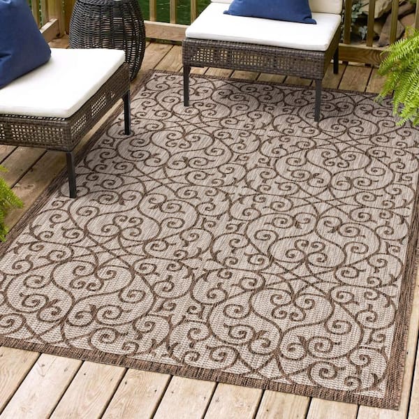 JONATHAN Y Madrid Vintage Filigree Taupe/Espresso 5 ft. 3 in. x 7 ft. 7 in. Textured Weave Indoor/Outdoor Area Rug
