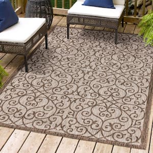 Madrid Vintage Filigree Textured Weave Taupe/Espresso 9 ft. x 12 ft. Indoor/Outdoor Area Rug