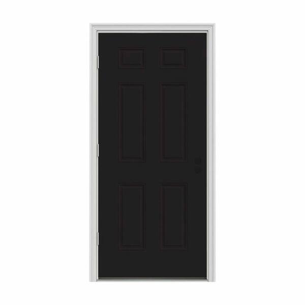 JELD-WEN 30 in. x 80 in. 6-Panel Black Painted w/ White Interior Steel Prehung Right-Hand Outswing Front Door w/Brickmould