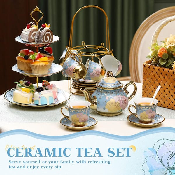 Numhew 21-Piece 6-Cup Blue Porcelain Tea Pot Set with Cups