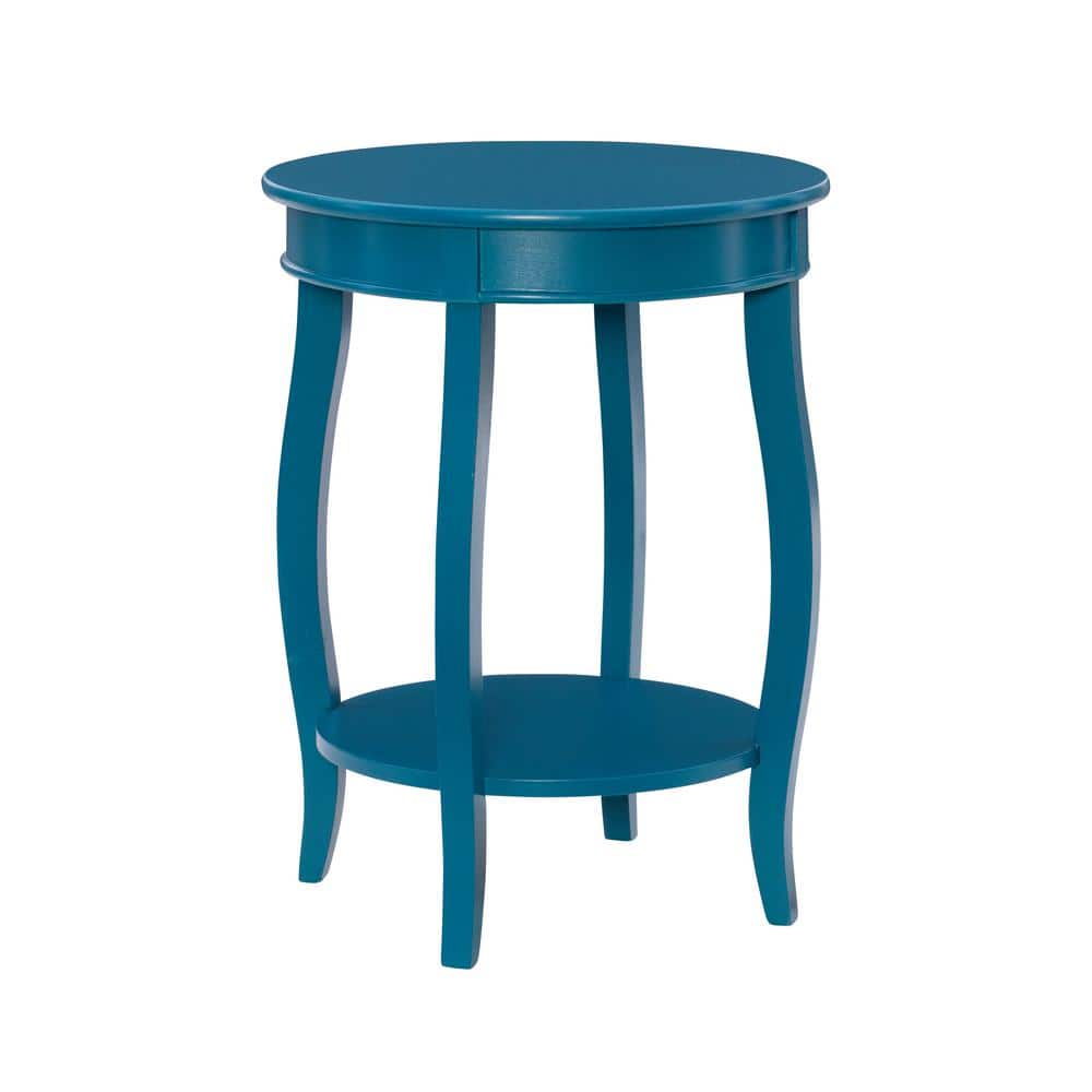 Teal Round Wood End Table with Shelf and Cabriole Legs