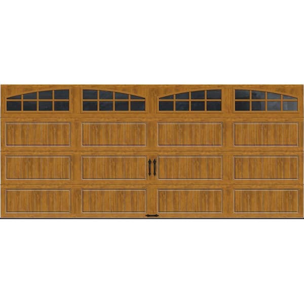 Clopay Gallery Steel Long Panel 16 ft x 7 ft Insulated 6.5 R-Value Wood Look Medium Garage Door with Arch Windows