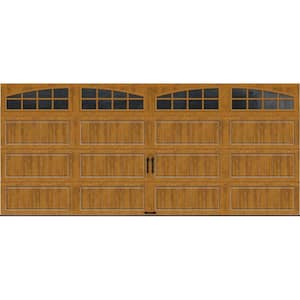 Gallery Steel Long Panel 16 ft x 7 ft Insulated 6.5 R-Value Wood Look Medium Garage Door with Arch Windows