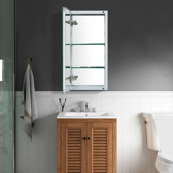 Forclover DON 15-in x 24-in Surface/Recessed Mount Satin Mirrored Soft Close Medicine Cabinet