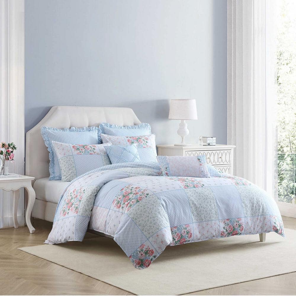 Hope Patchwork Blue and Pink Cotton 7-Piece Duvet Cover Set