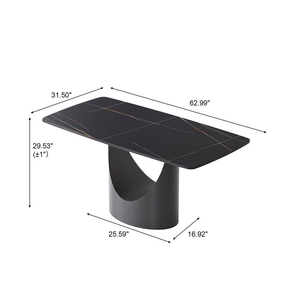 Black Rectangular Sintered Stone 62.99 in. W Pedestal Dining Table Seats 6
