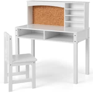 2-Piece Kids Desk and Chair Set Wood Top Study Writing Workstation with Hutch & Bulletin Board White
