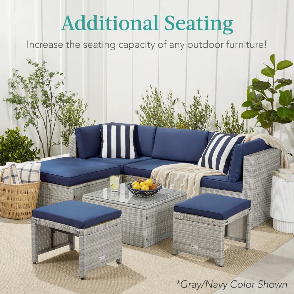Gray and Black Wicker Outdoor Ottoman Set with Removable Cushions