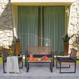 Light Brown 4-Piece Metal Outdoor Patio Conversation Set with Acacia Wood Table Top and Black Cushions