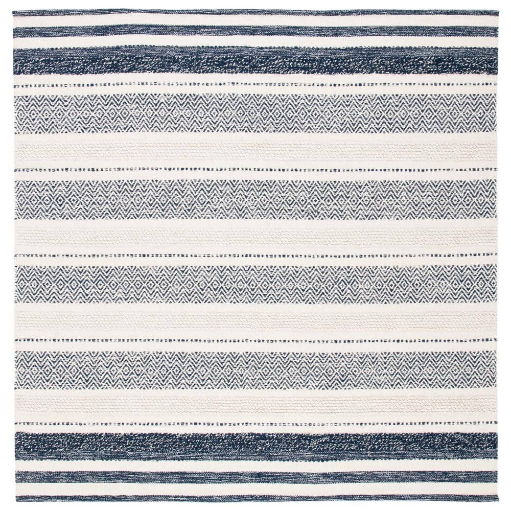 Ivory and Multi-Color Striped Kilim 7' Square Wool & Cotton Rug