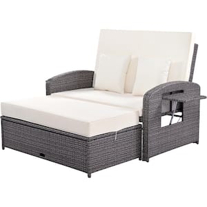 PE Wicker Rattan Outdoor Double Chaise Lounge with White Cushions, with 3-Height Adjustable Back