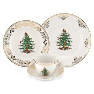 Christmas Tree Four Piece White and Gold Ceramic Dinnerware Set (Service for 1)