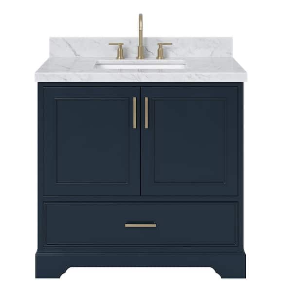Stafford 36 in. W x 22 in. D x 36 in. H Single Sink Bath Vanity in Midnight Blue with Carrara White Marble Top