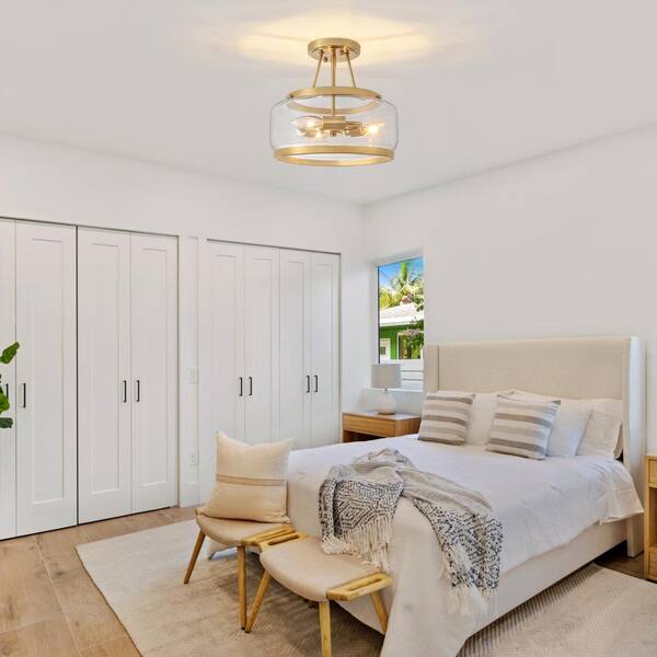 ZSMIHDOH 10.7 in. 3-Light Gold Modern Glass Drum Semi Flush Mount