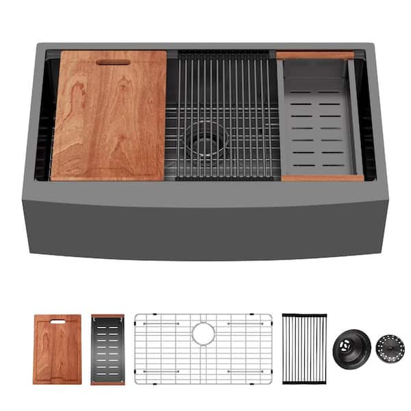 36 in. Farmhouse/Apron-Front Single Bowl 16 Gauge Gunmetal Black Stainless Steel Workstation Kitchen Sink