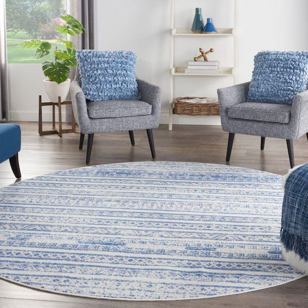 Whimsicle Ivory Blue 8 ft. x 8 ft. Abstract Contemporary Round Area Rug