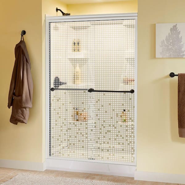 Delta Crestfield 48 in. x 70 in. Semi-Frameless Traditional Sliding Shower Door in White and Bronze with Mozaic Glass