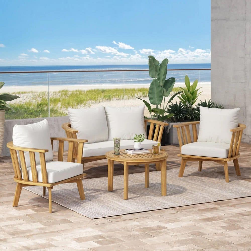 4-Piece Wood Patio Conversation Set with White Cushions-Deep Seating with R