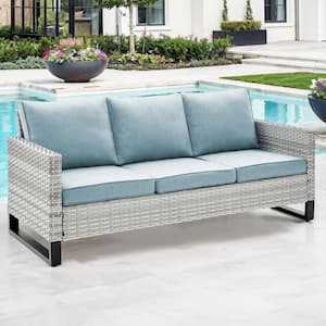 U-Weave Metal and Light Beige Wicker Outdoor 3-Seat Sectional Couch Patio Sofa with Olefin Baby Blue Cushions