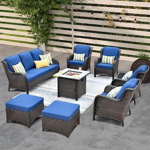 Vincent Brown 8-Piece Wicker Outdoor Patio Fire Pit Seating Sofa Set and with Navy Blue Cushions