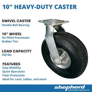 10 in. Black Rubber and Steel Pneumatic Swivel Plate Caster with 350 lb. Load Rating