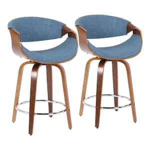 Curvini 34.5 in. Counter Height Bar Stool in Blue Fabric and Walnut Wood (Set of 2)