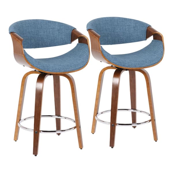 Lumisource Curvini 34.5 in. Counter Height Bar Stool in Blue Fabric and Walnut Wood (Set of 2)